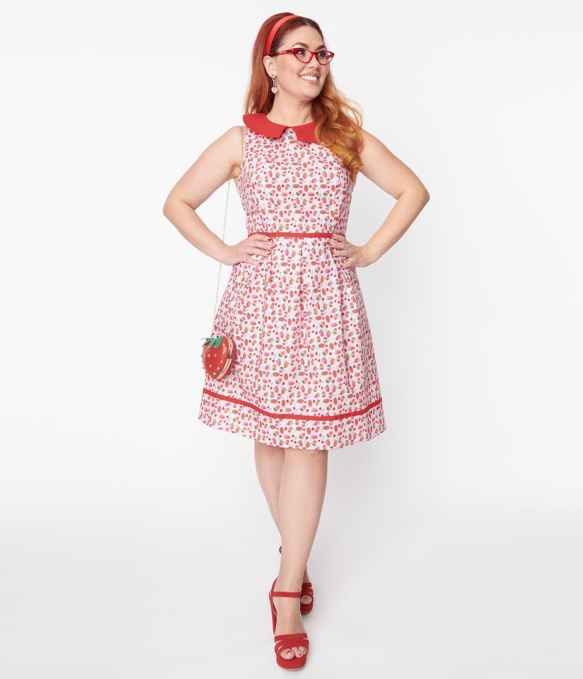 Retrolicious Red & Pink Strawberry Collared Fit & Flare Dress