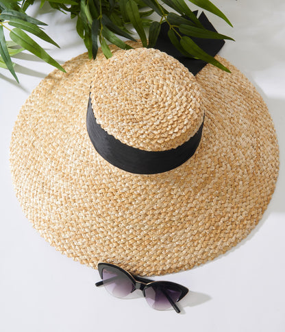 Woven Straw Black Ribbon Sun Hat
