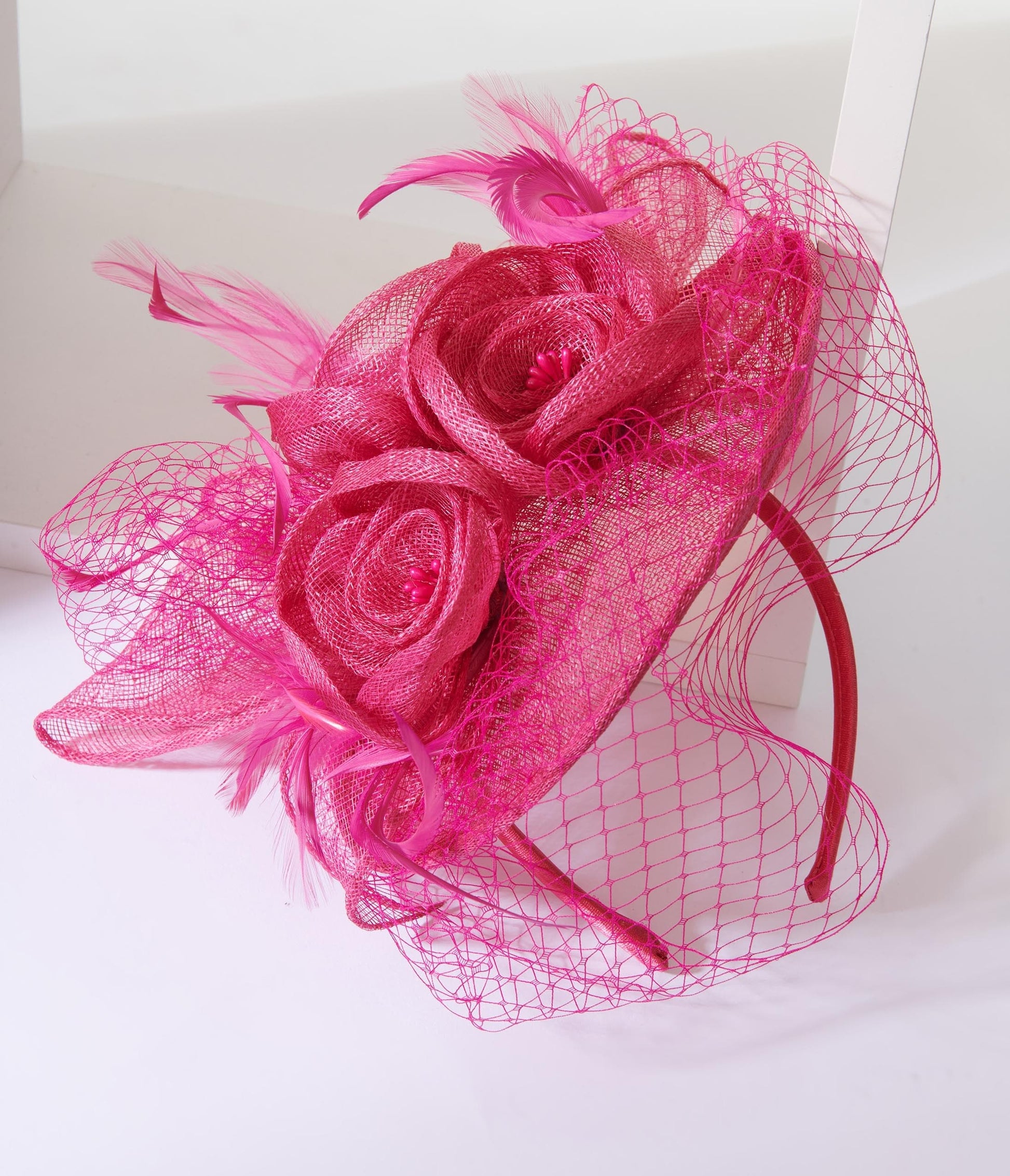 Fuchsia Feather Floral Fascinator With Veil