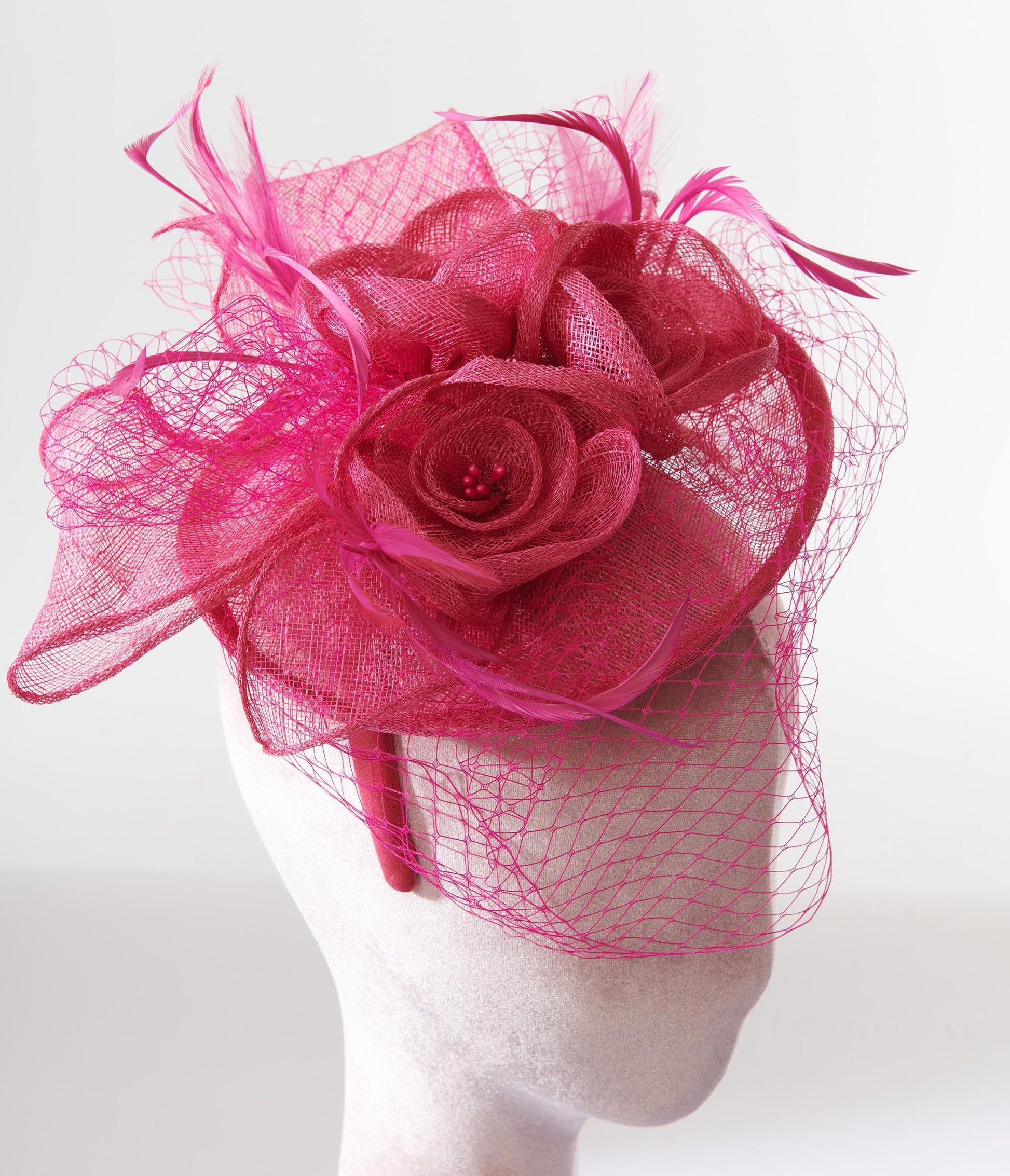 Fuchsia Feather Floral Fascinator With Veil