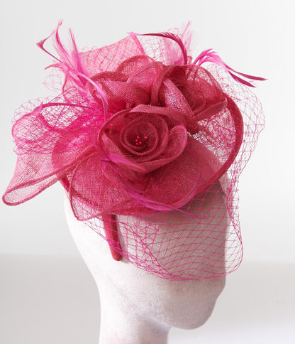 Fuchsia Feather Floral Fascinator With Veil
