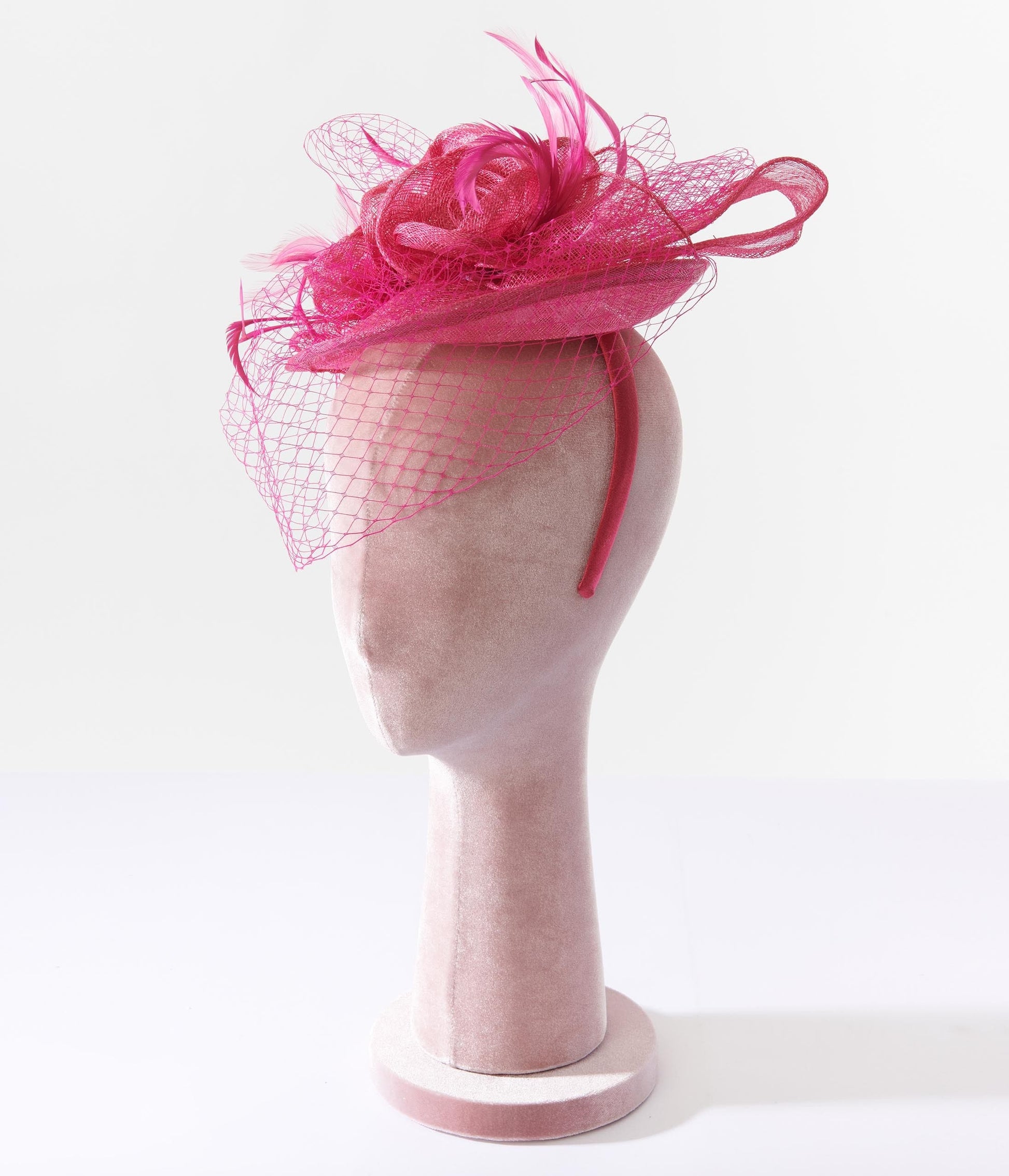Fuchsia Feather Floral Fascinator With Veil