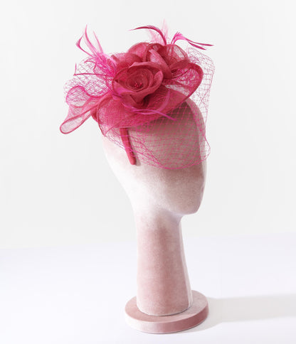 Fuchsia Feather Floral Fascinator With Veil