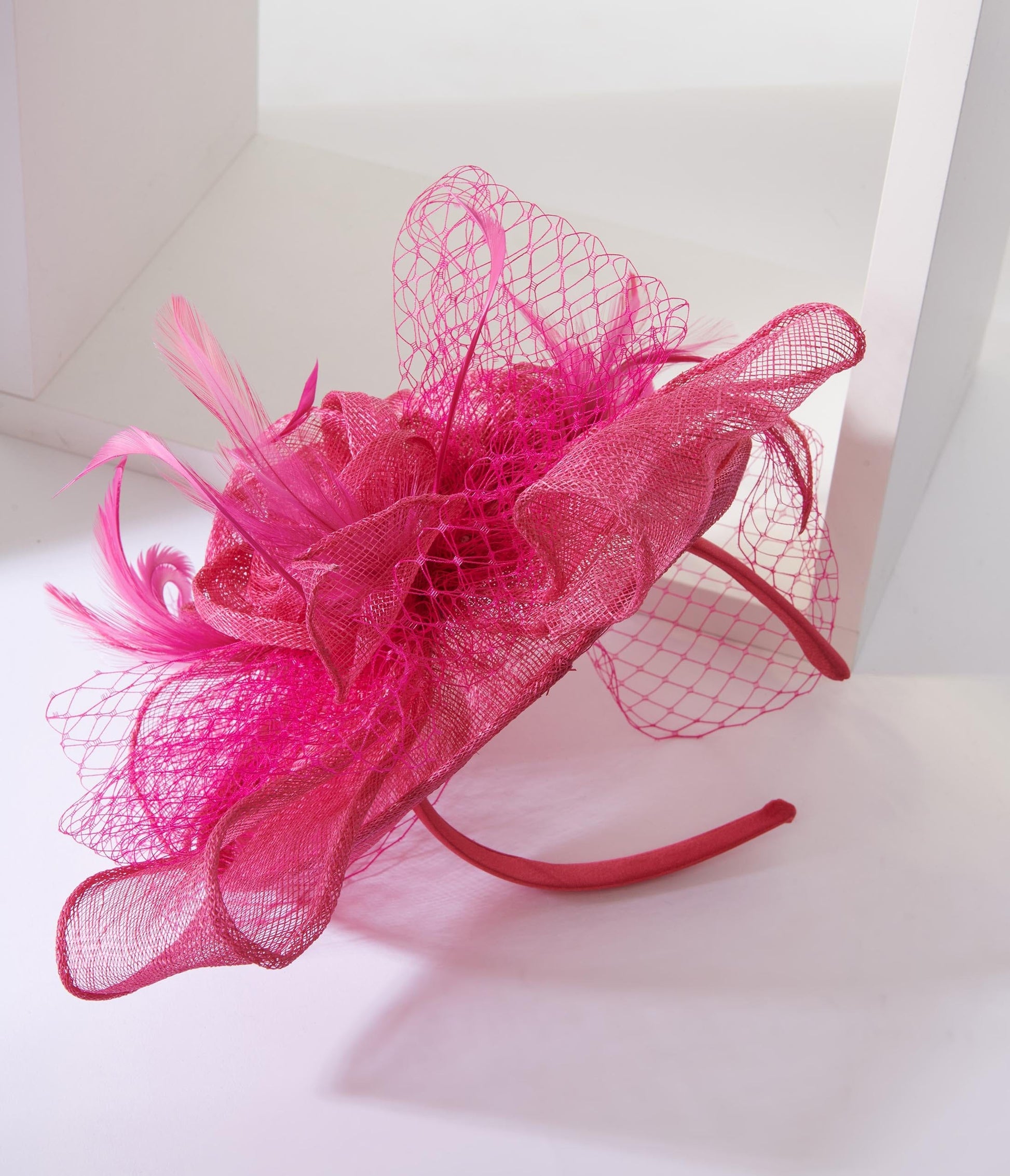 Fuchsia Feather Floral Fascinator With Veil