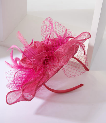 Fuchsia Feather Floral Fascinator With Veil
