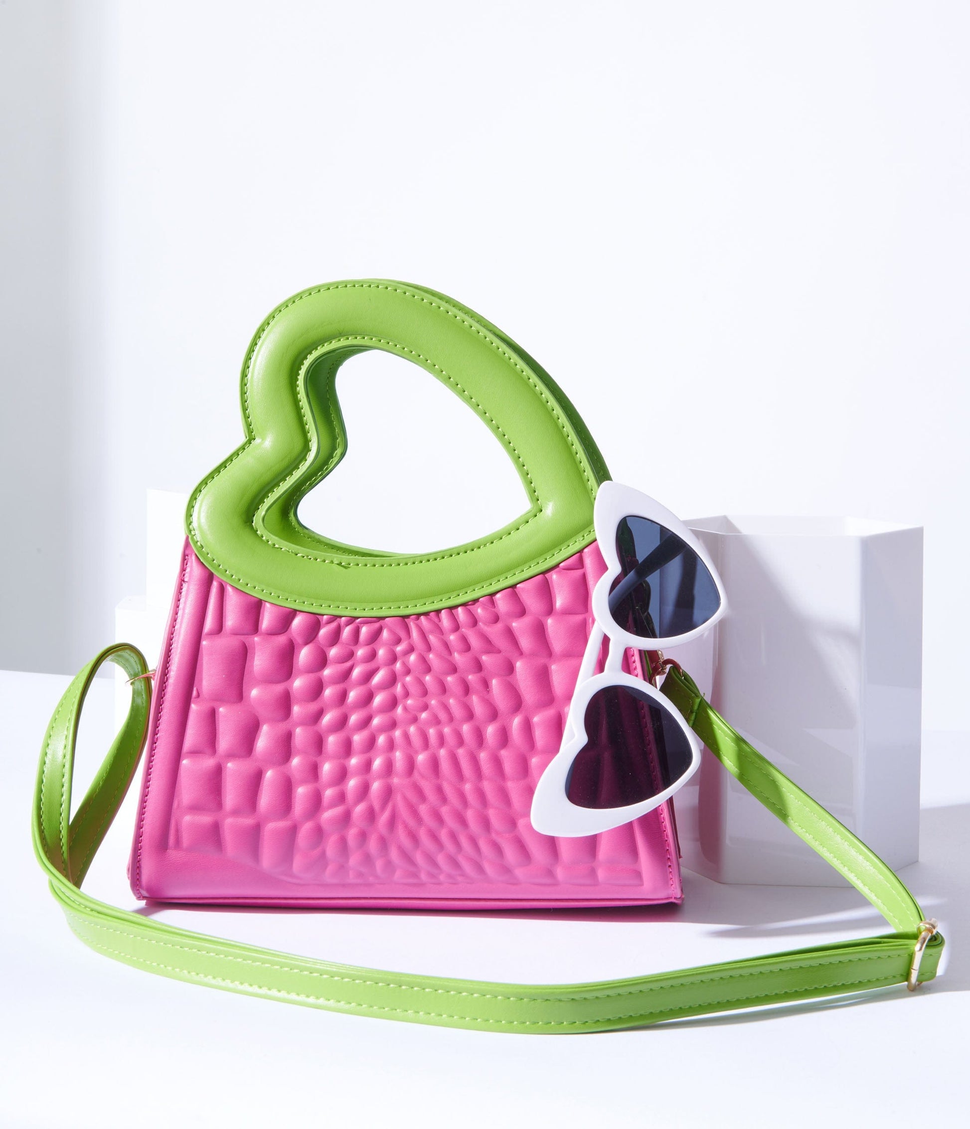 Pink & Green Reptile Texture Heart Struck Handbag