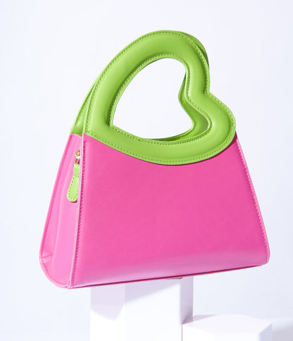 Pink & Green Reptile Texture Heart Struck Handbag
