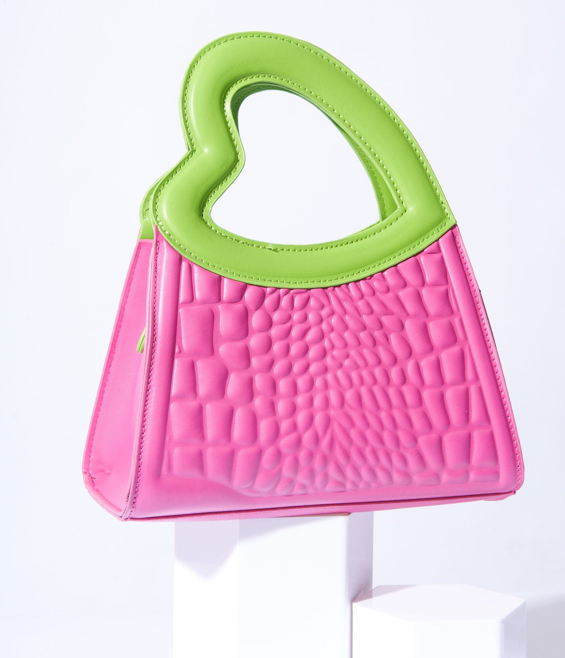 Pink & Green Reptile Texture Heart Struck Handbag