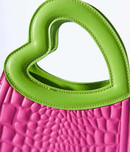 Pink & Green Reptile Texture Heart Struck Handbag