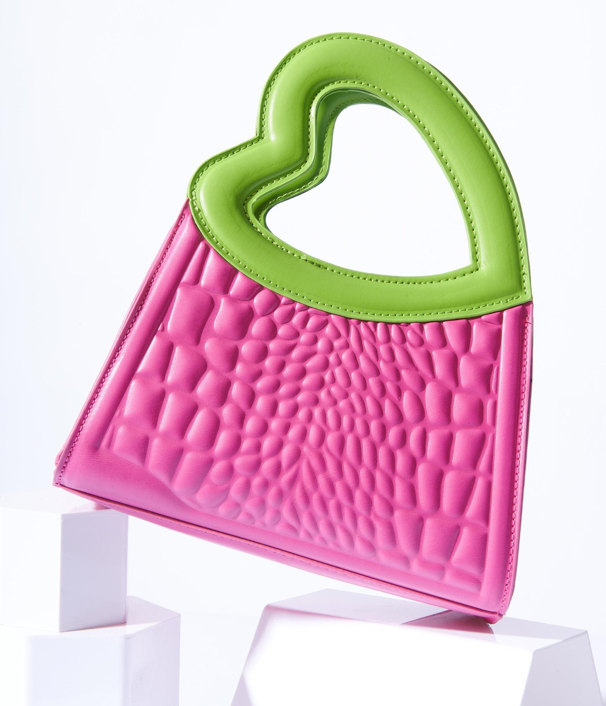 Pink & Green Reptile Texture Heart Struck Handbag