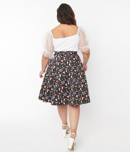 Black & Multicolored Mushroom Print Flare Skirt