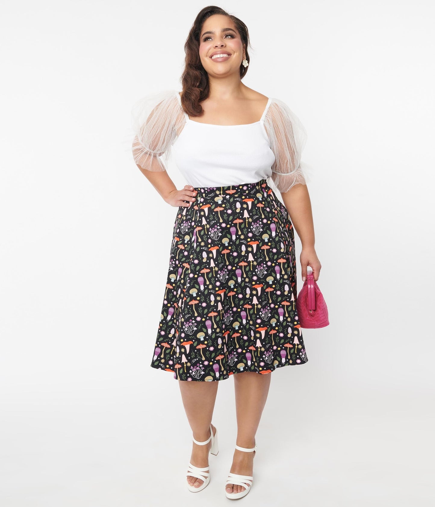 Black & Multicolored Mushroom Print Flare Skirt
