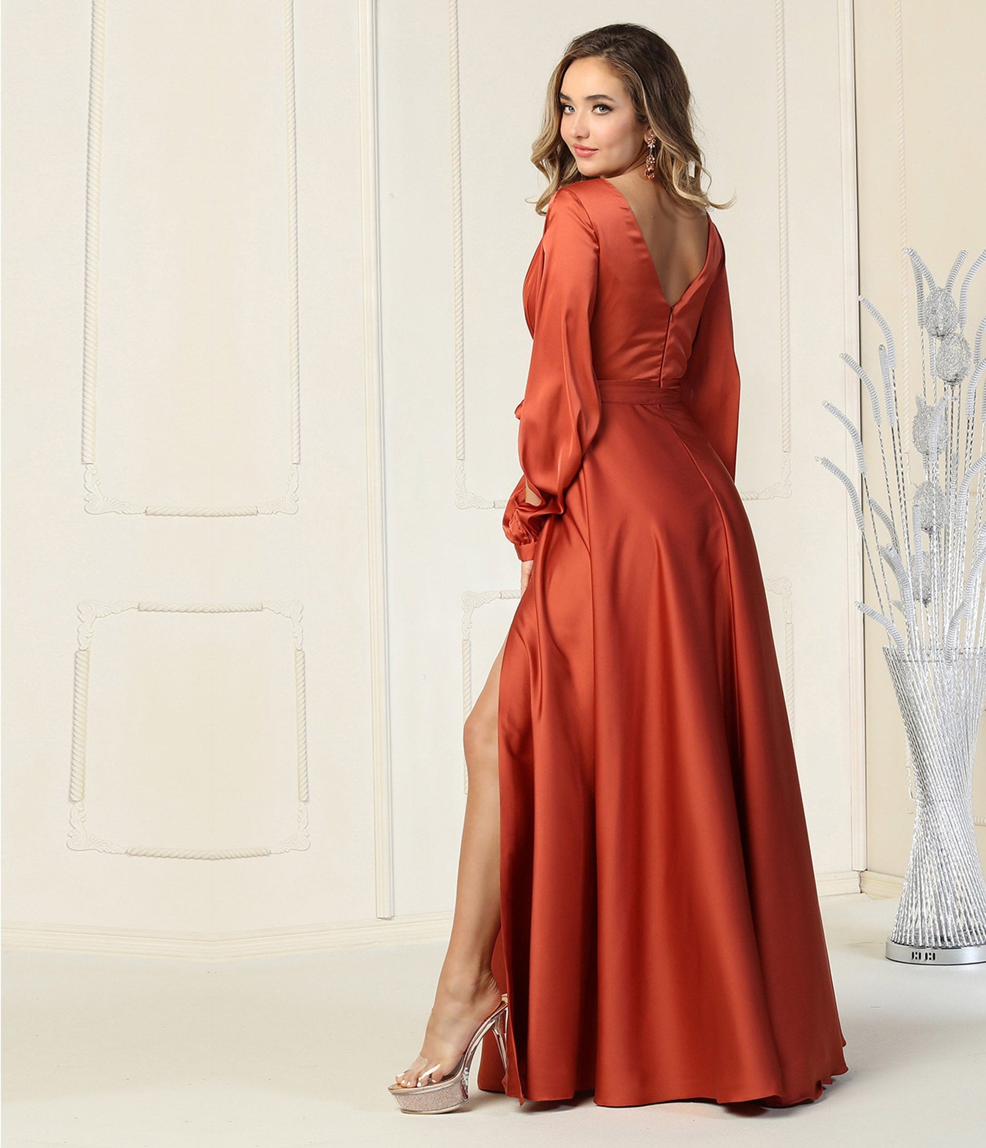 Rust Satin Long Sleeve Goddess Gown