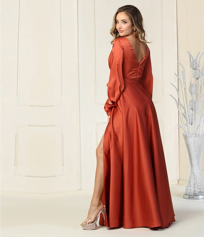 Rust Satin Long Sleeve Goddess Gown