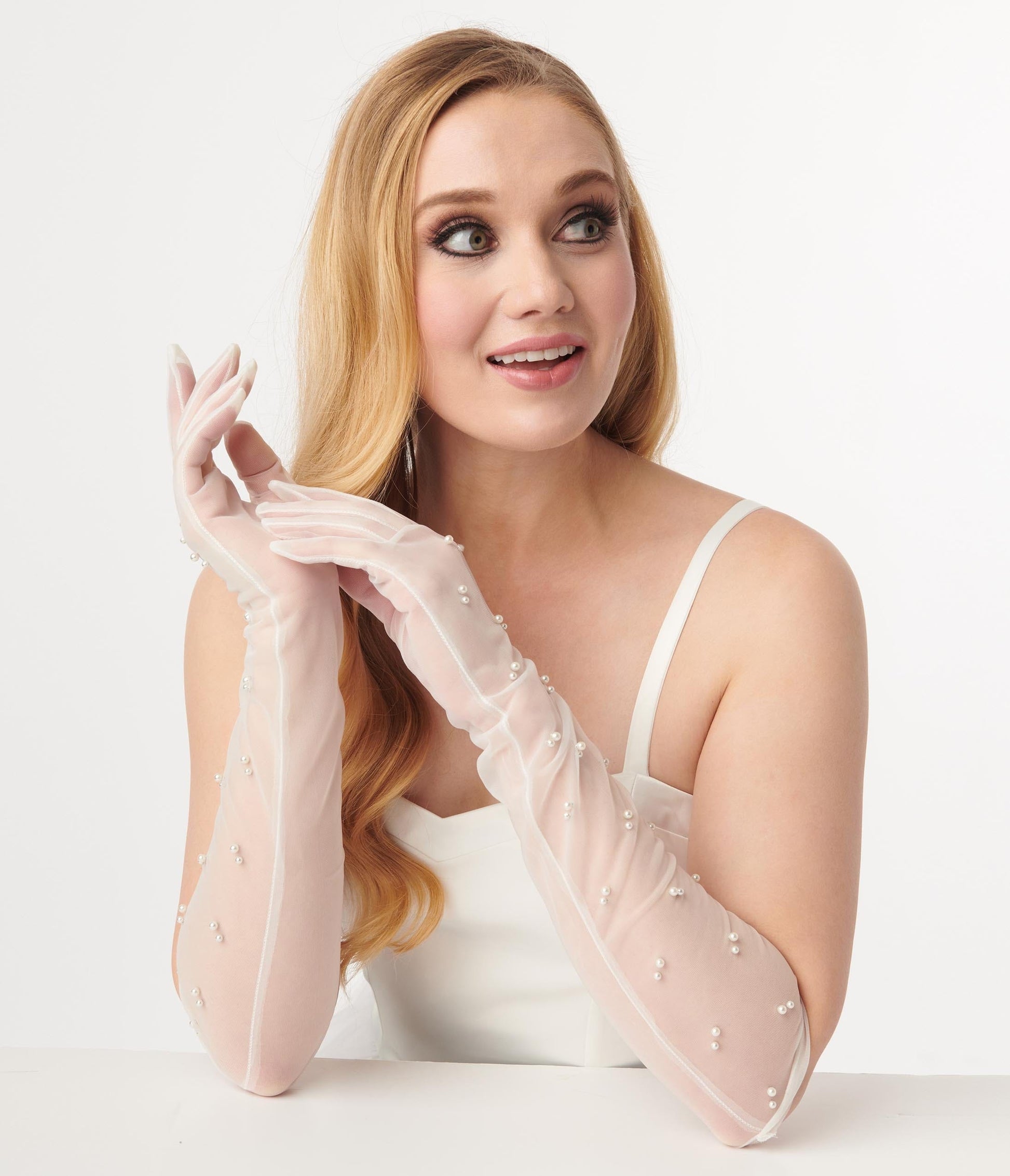 White Long Tulle Nylon Gloves With Pearls