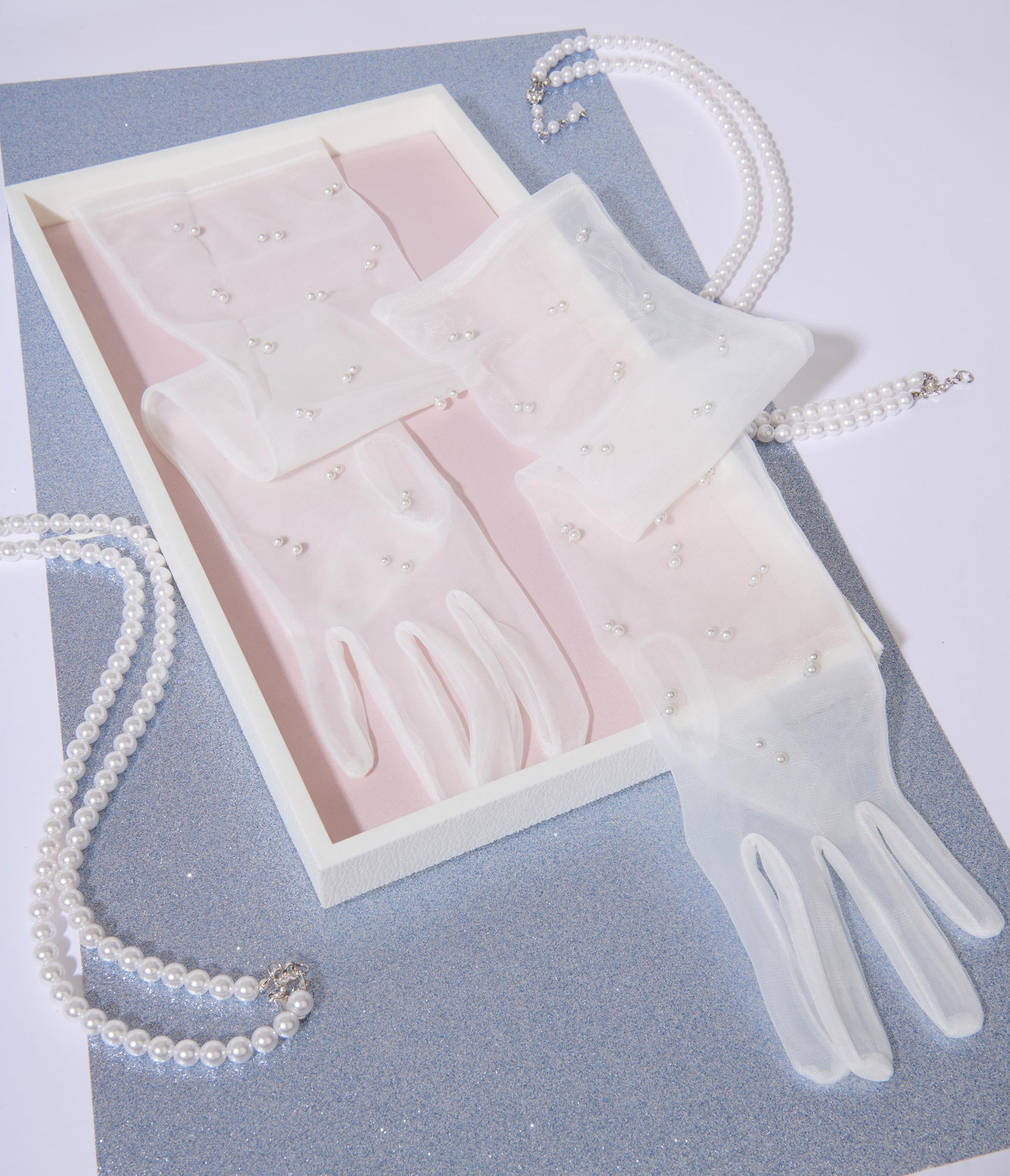 White Long Tulle Nylon Gloves With Pearls
