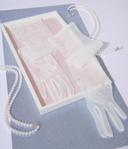 White Long Tulle Nylon Gloves With Pearls