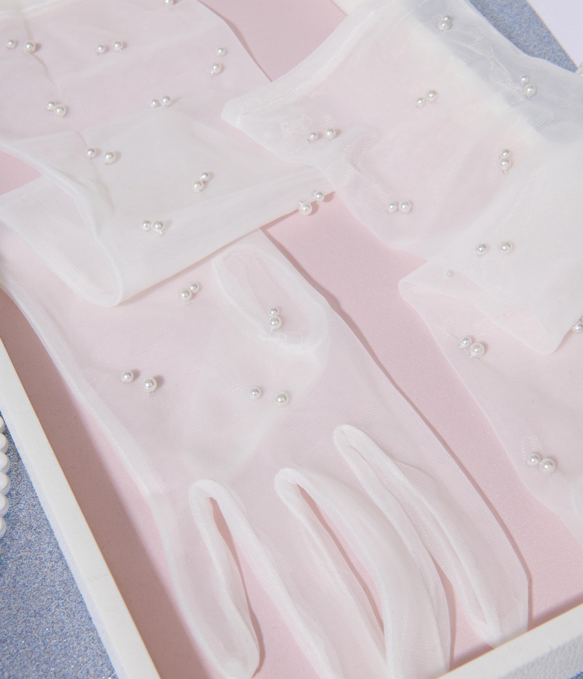 White Long Tulle Nylon Gloves With Pearls