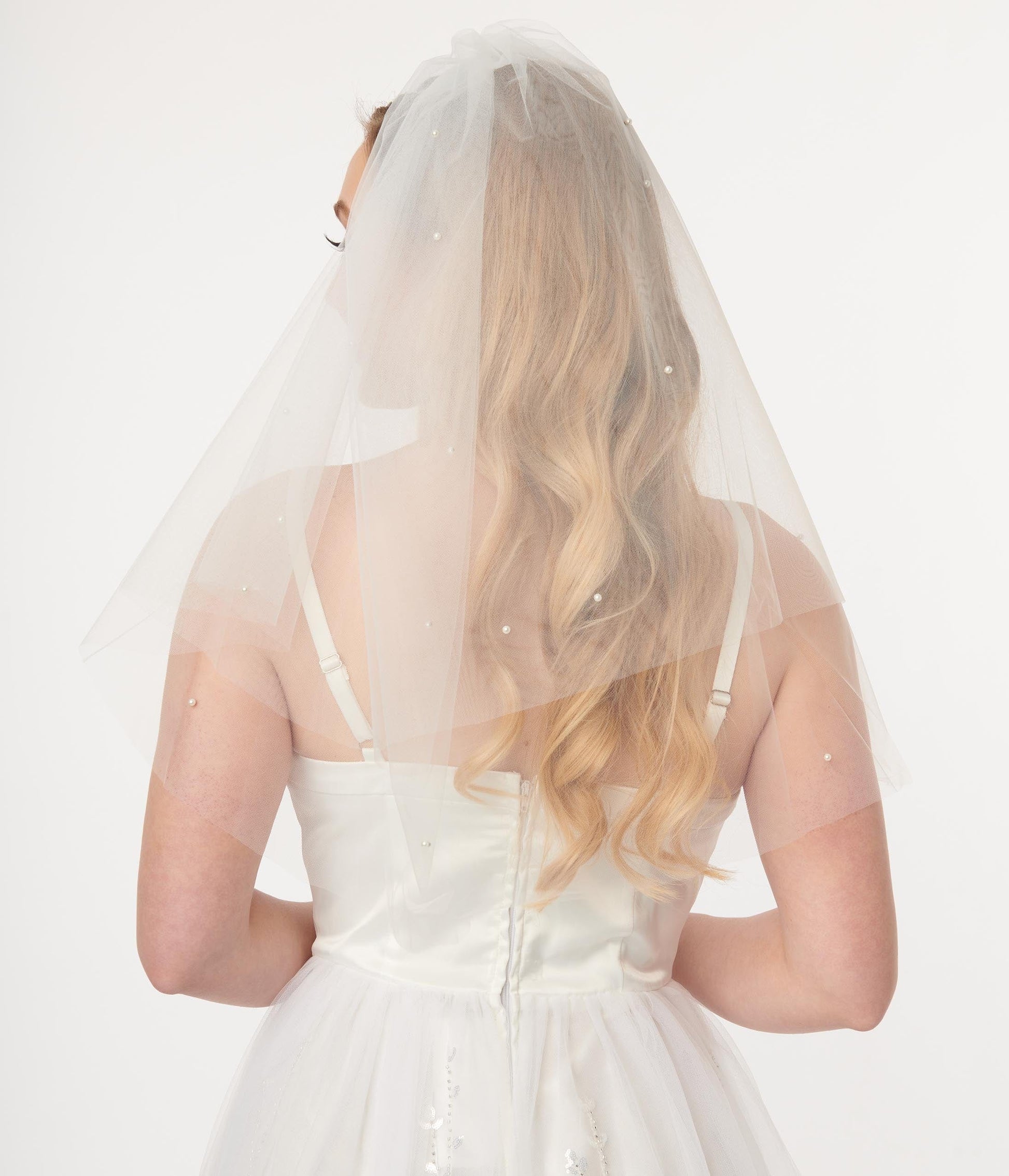 White Pearled Two Tiered Bridal Veil