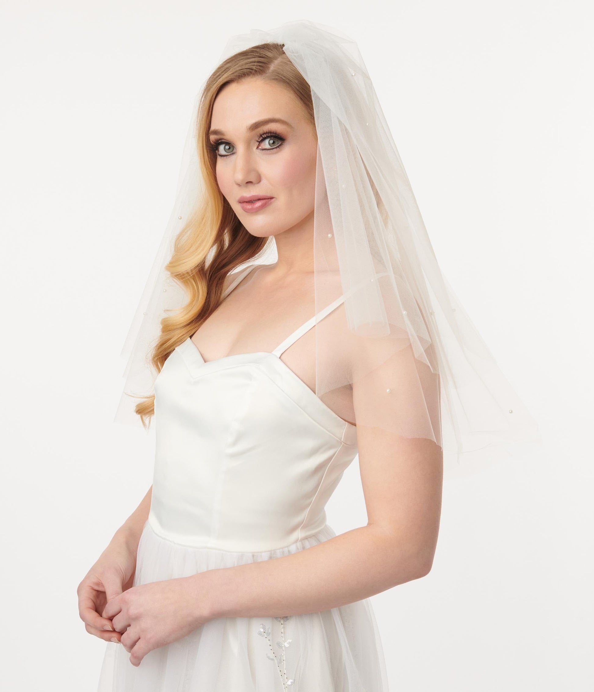 White Pearled Two Tiered Bridal Veil