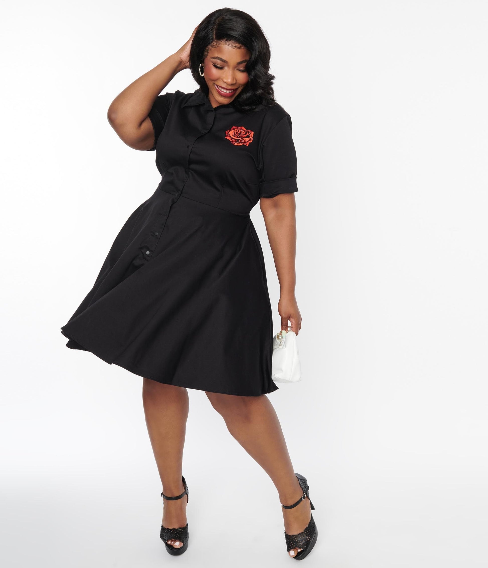 Black & Red Rose Shirt Swing Dress