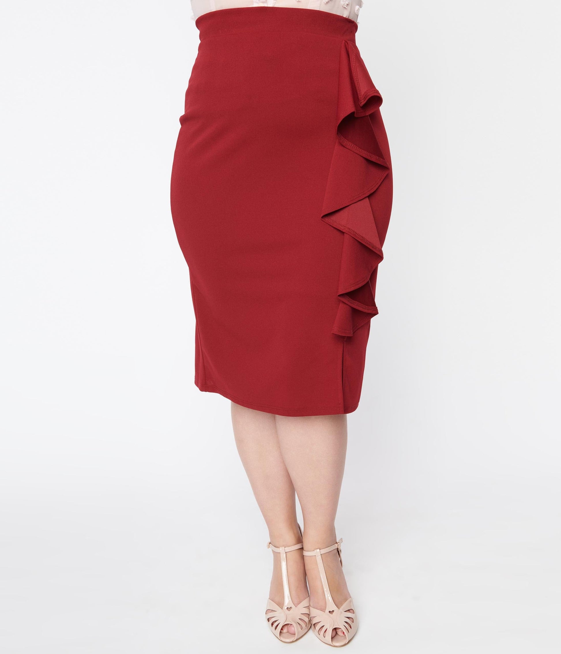 Burgundy Ruffled Fitted Pencil Skirt