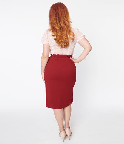 Burgundy Ruffled Fitted Pencil Skirt