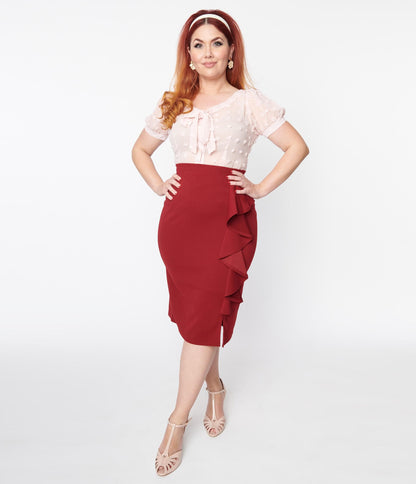 Burgundy Ruffled Fitted Pencil Skirt