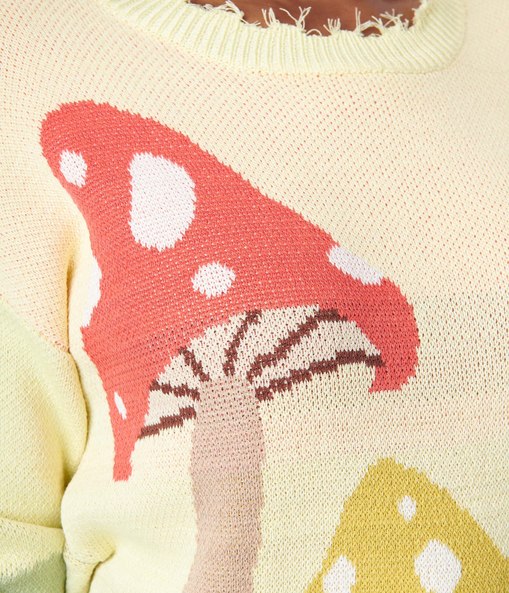 Light Yellow Mushroom Patch Frayed Sweater
