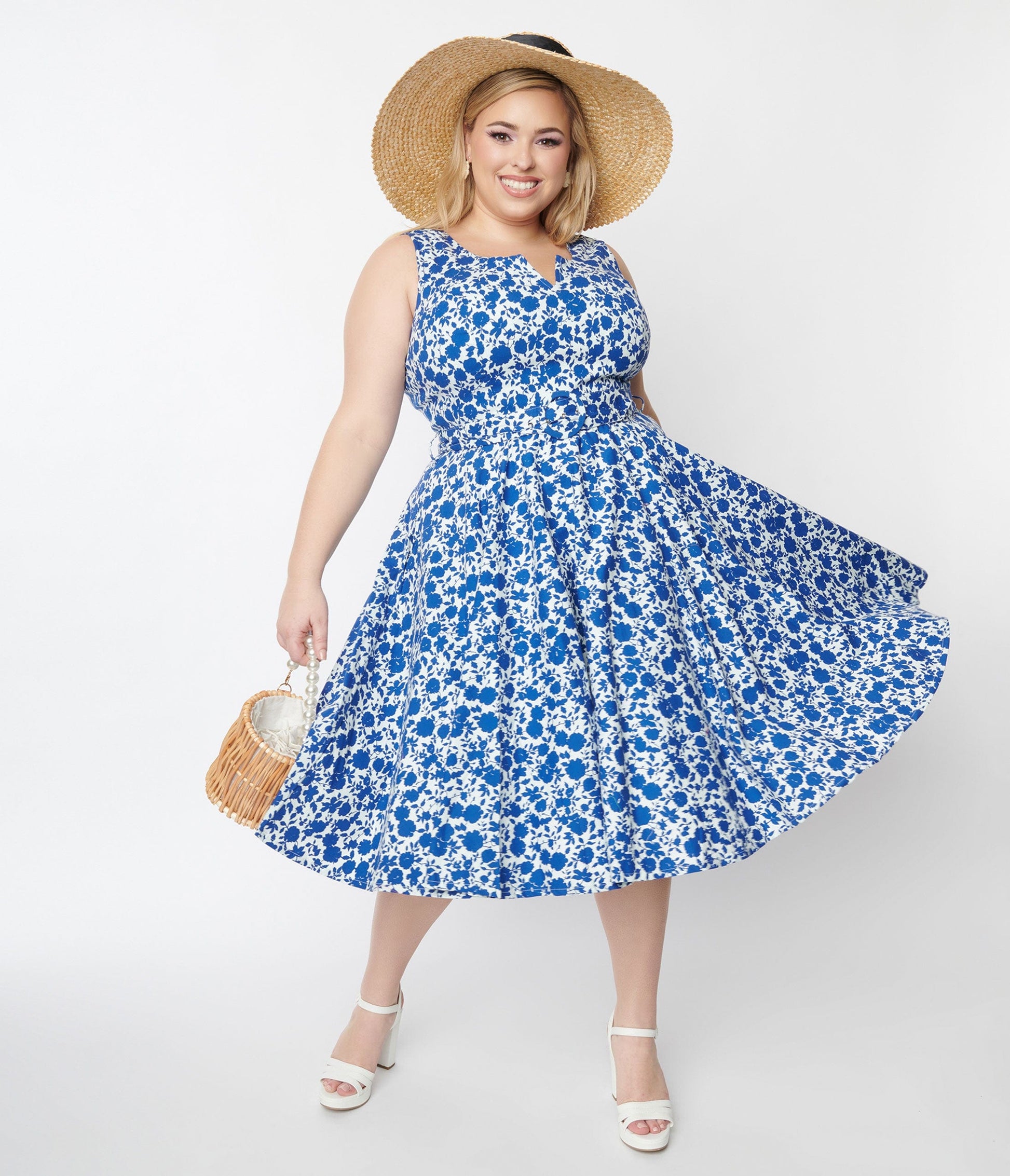 White & Blue Floral Swing Dress