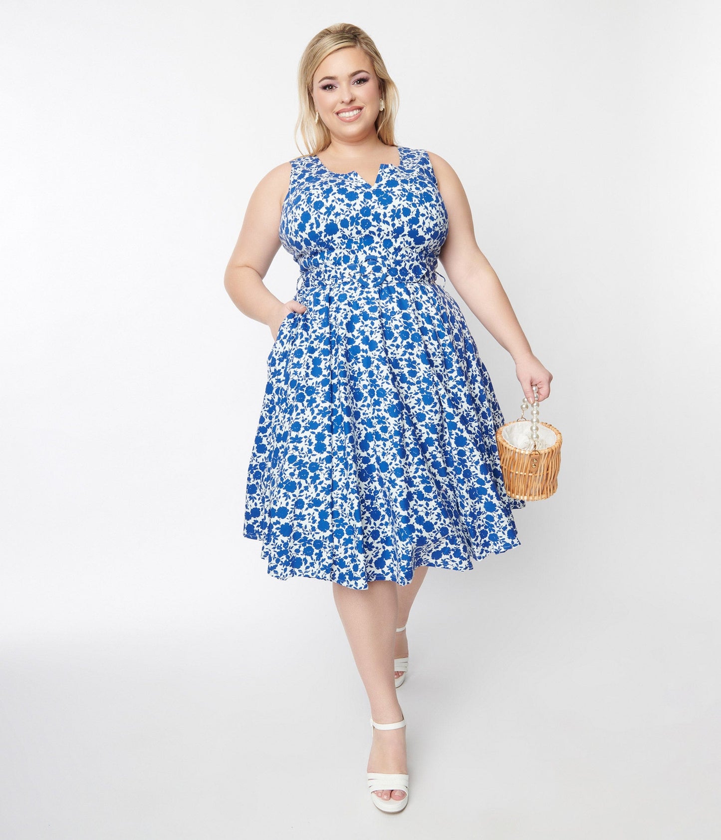 White & Blue Floral Swing Dress