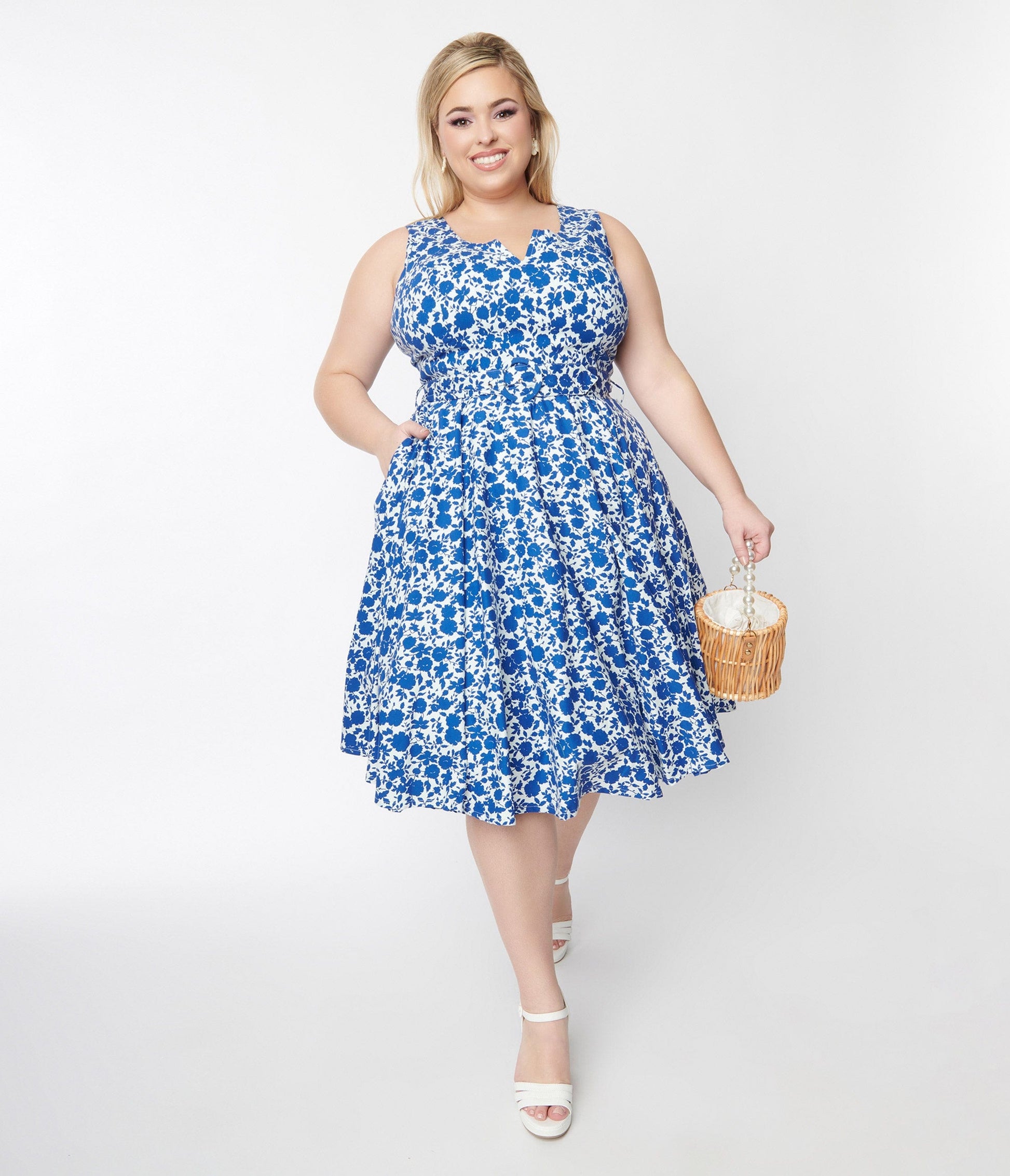 White & Blue Floral Swing Dress