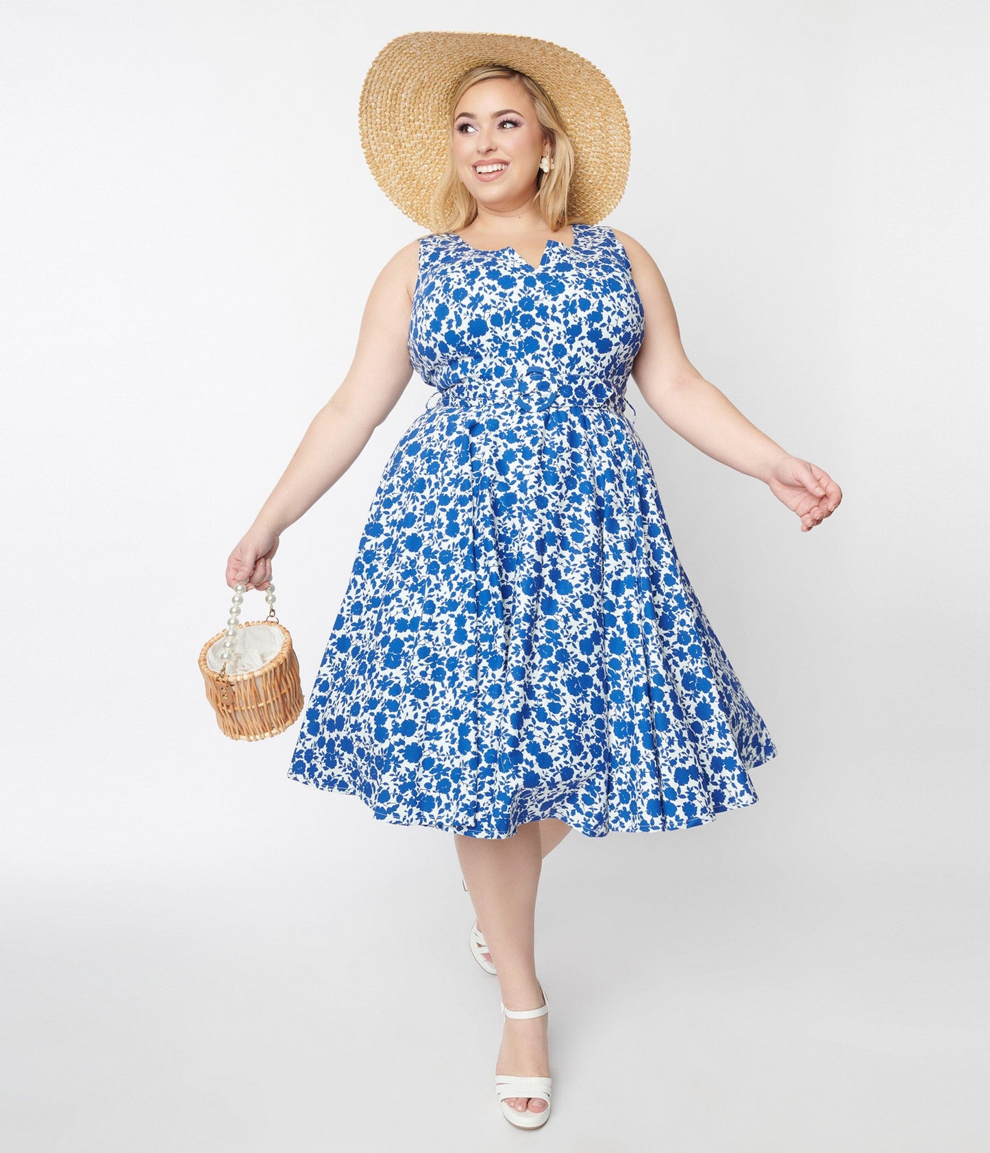 White & Blue Floral Swing Dress