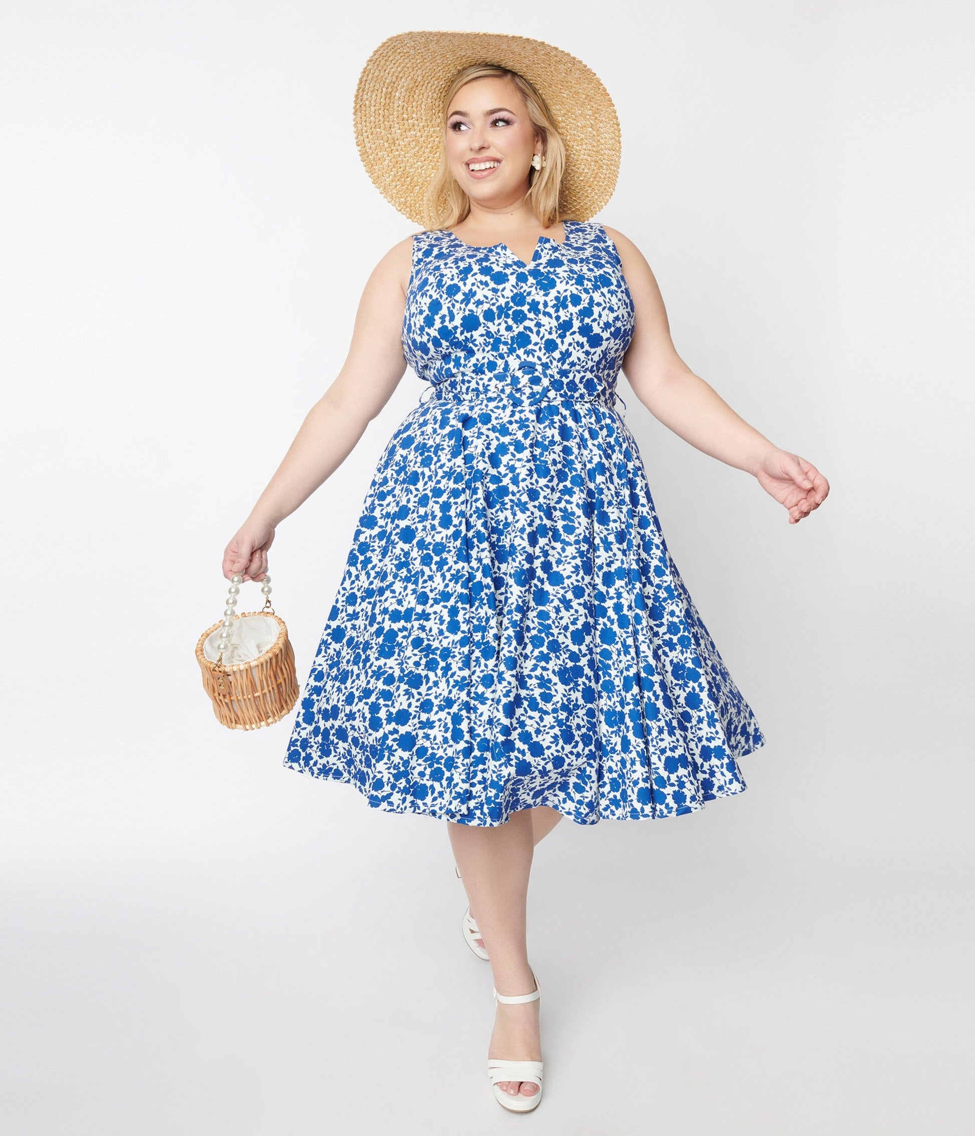White & Blue Floral Swing Dress