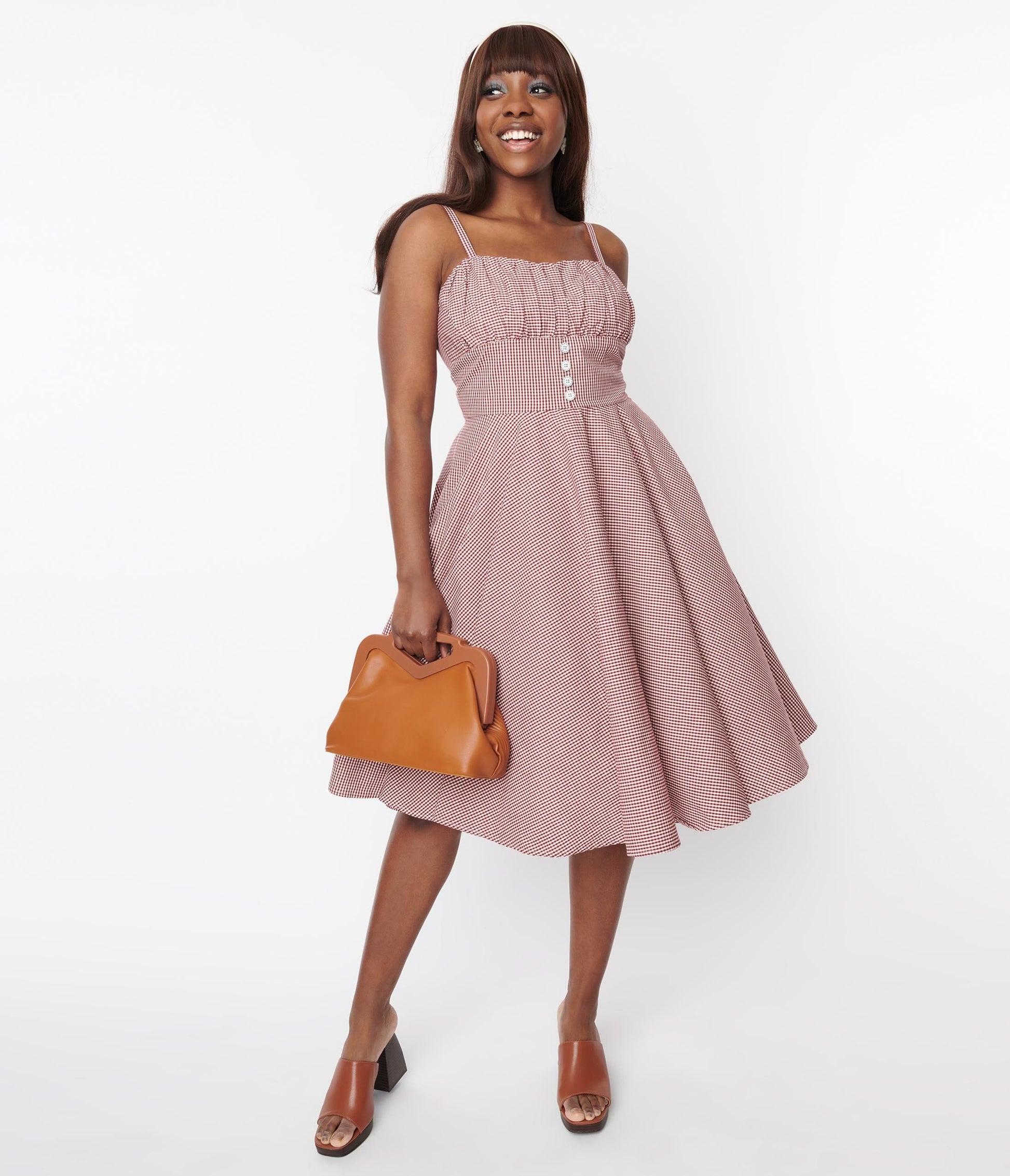 Vintage Style Rust Red Gingham Bianca Swing Dress