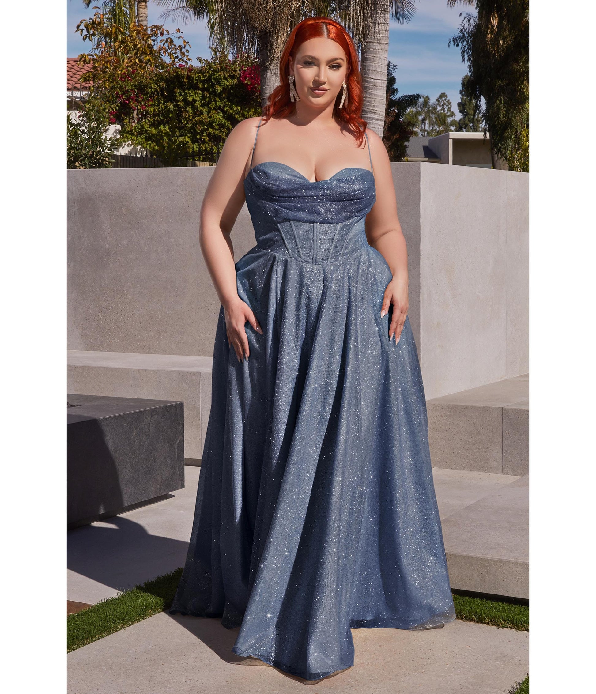Plus Size Light Blue Glitter Corset Prom Ball Gown