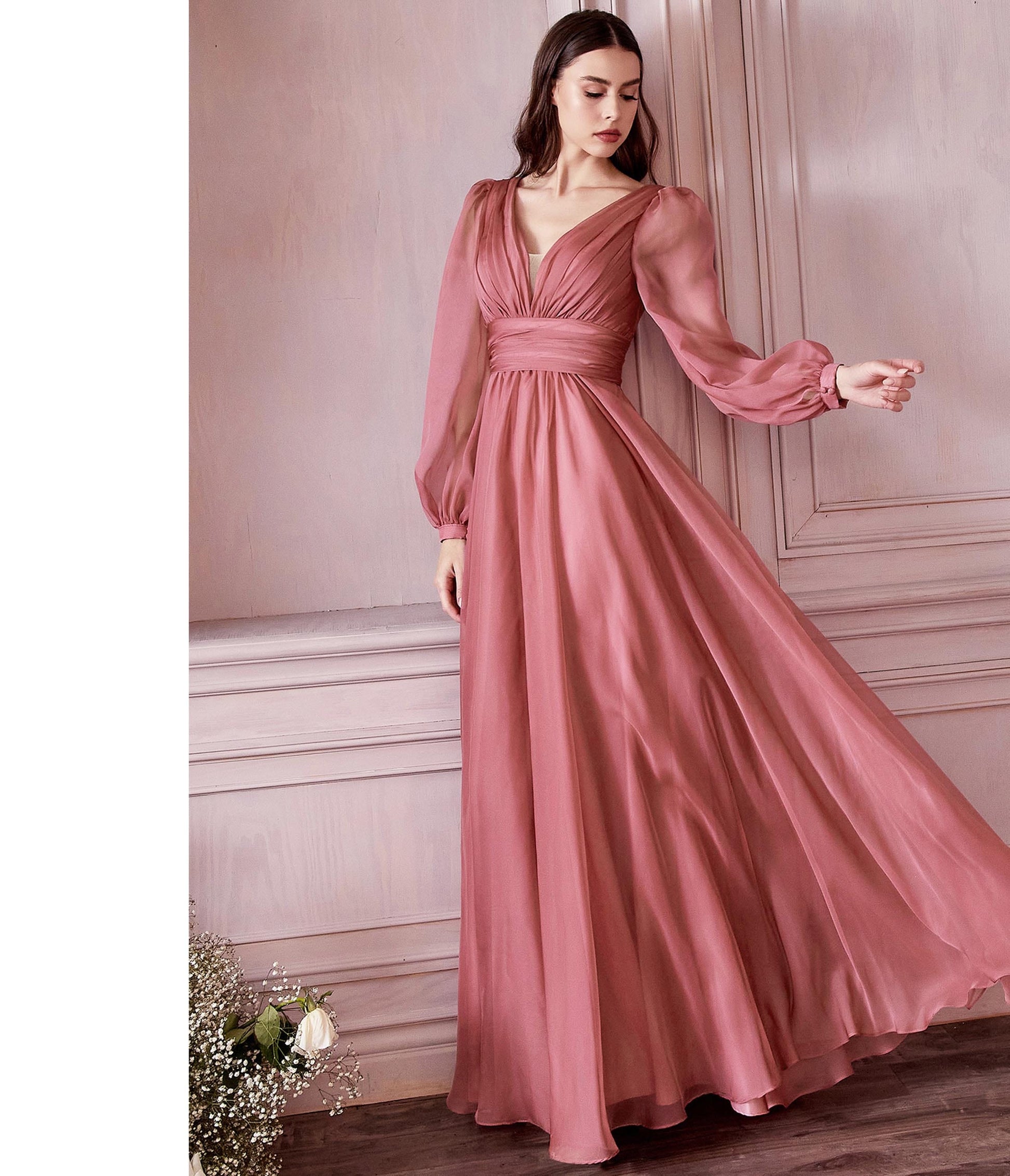 Dusty Rose Chiffon Sleeve Prom Goddess Gown