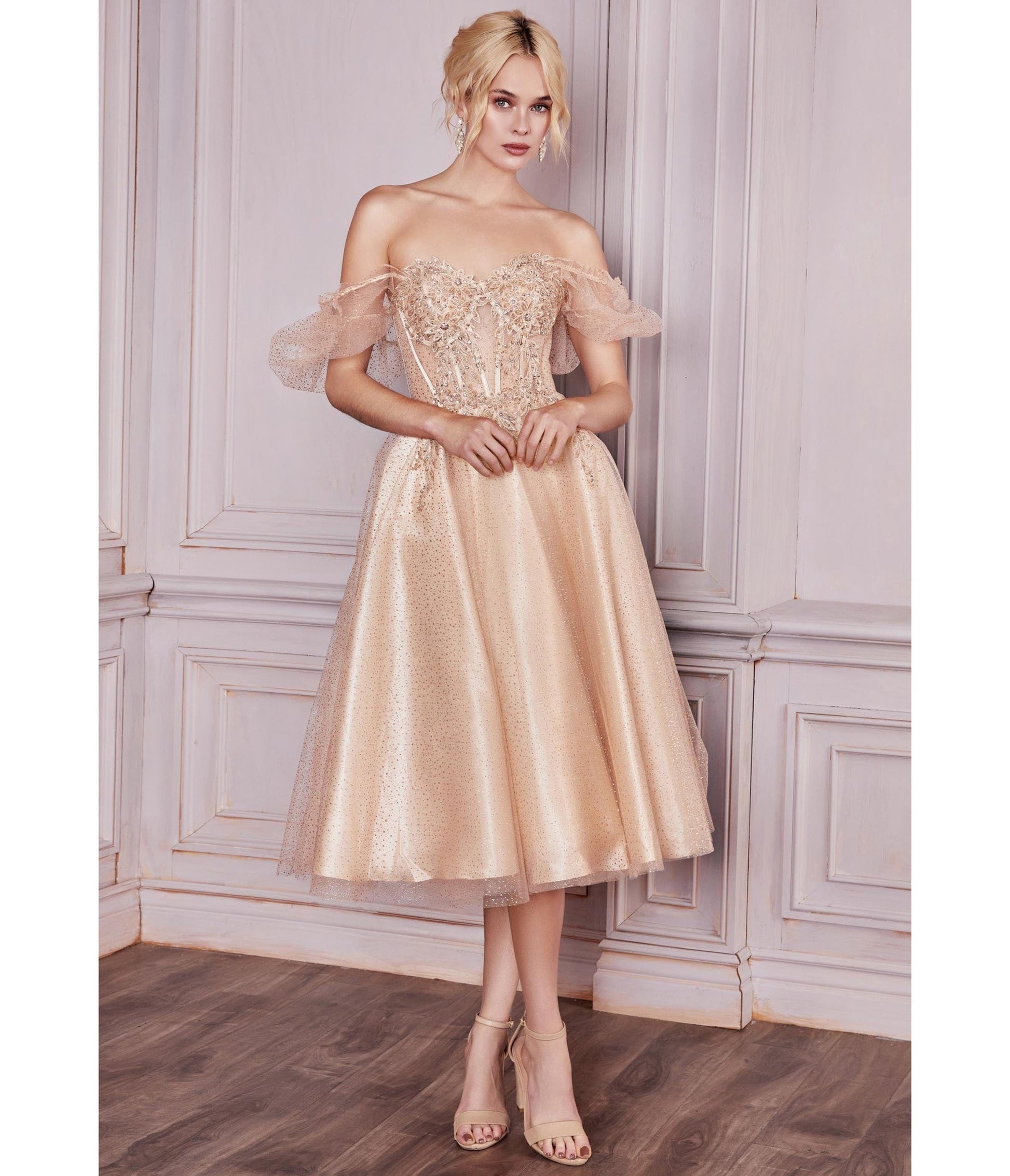 Champagne Glitter Floral Swing Prom Dress