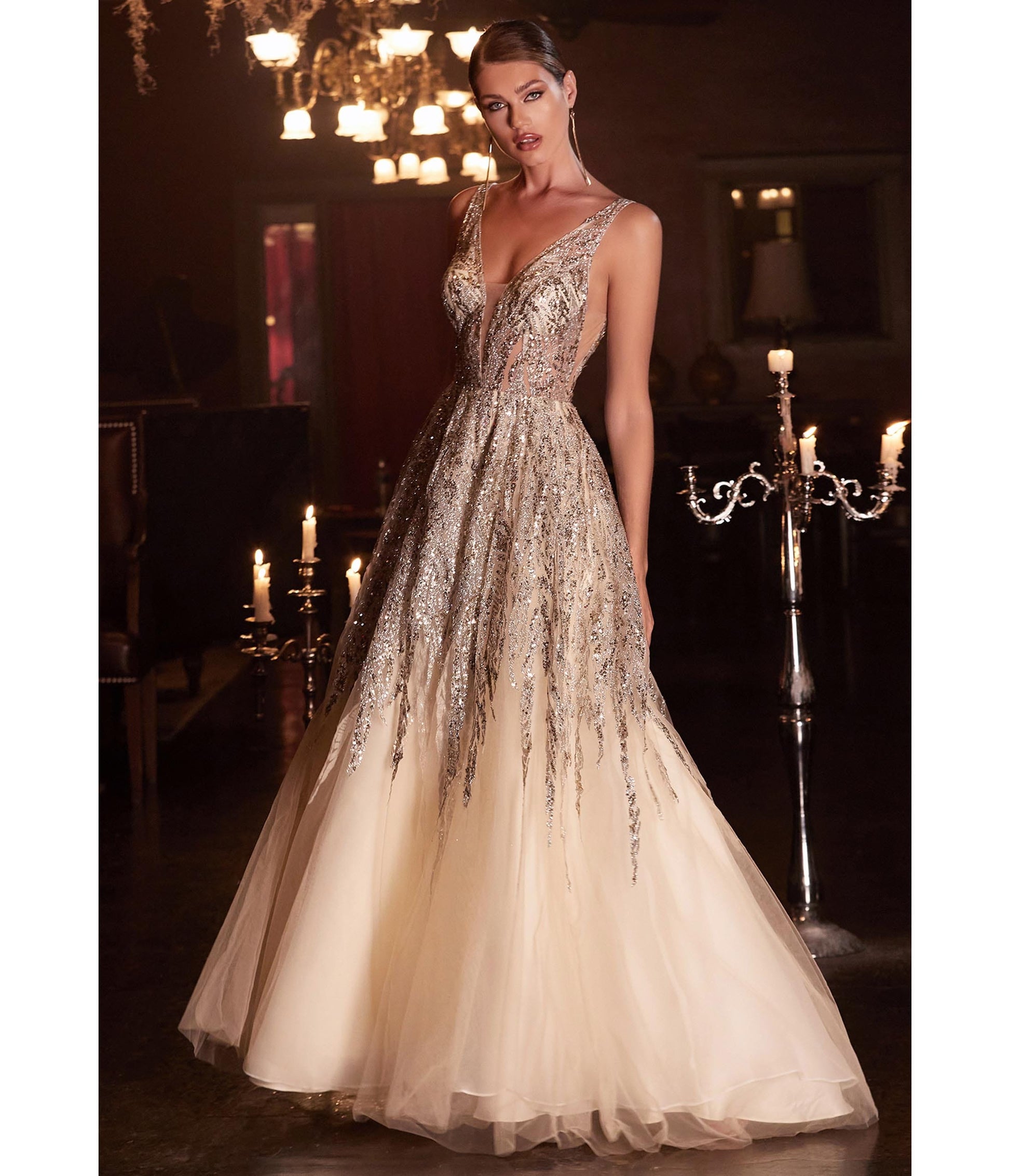 Champagne Beaded Shimmer Prom Ball Gown