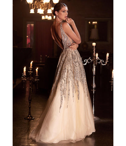 Champagne Beaded Shimmer Prom Ball Gown