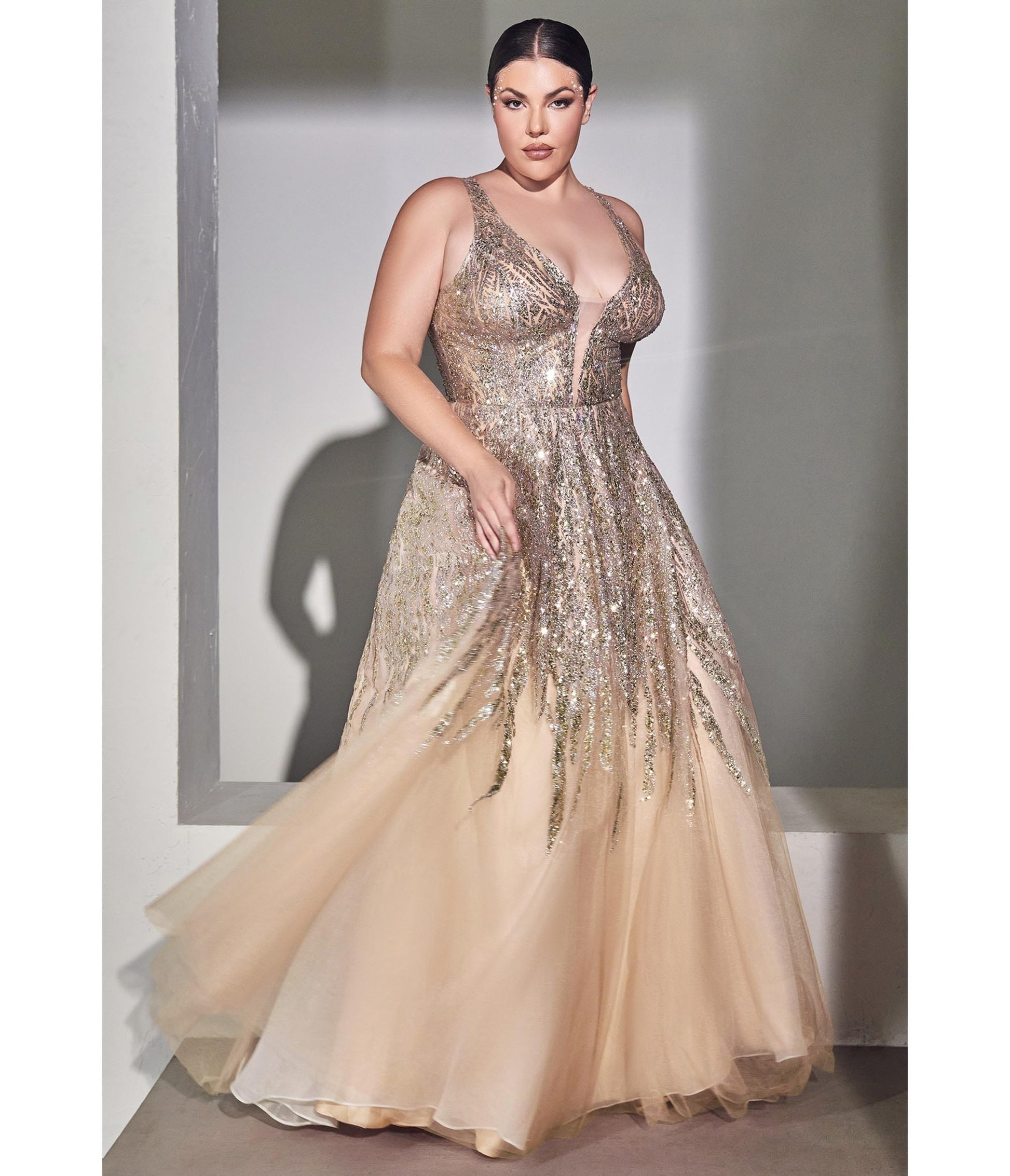 Champagne Beaded Shimmer Prom Ball Gown