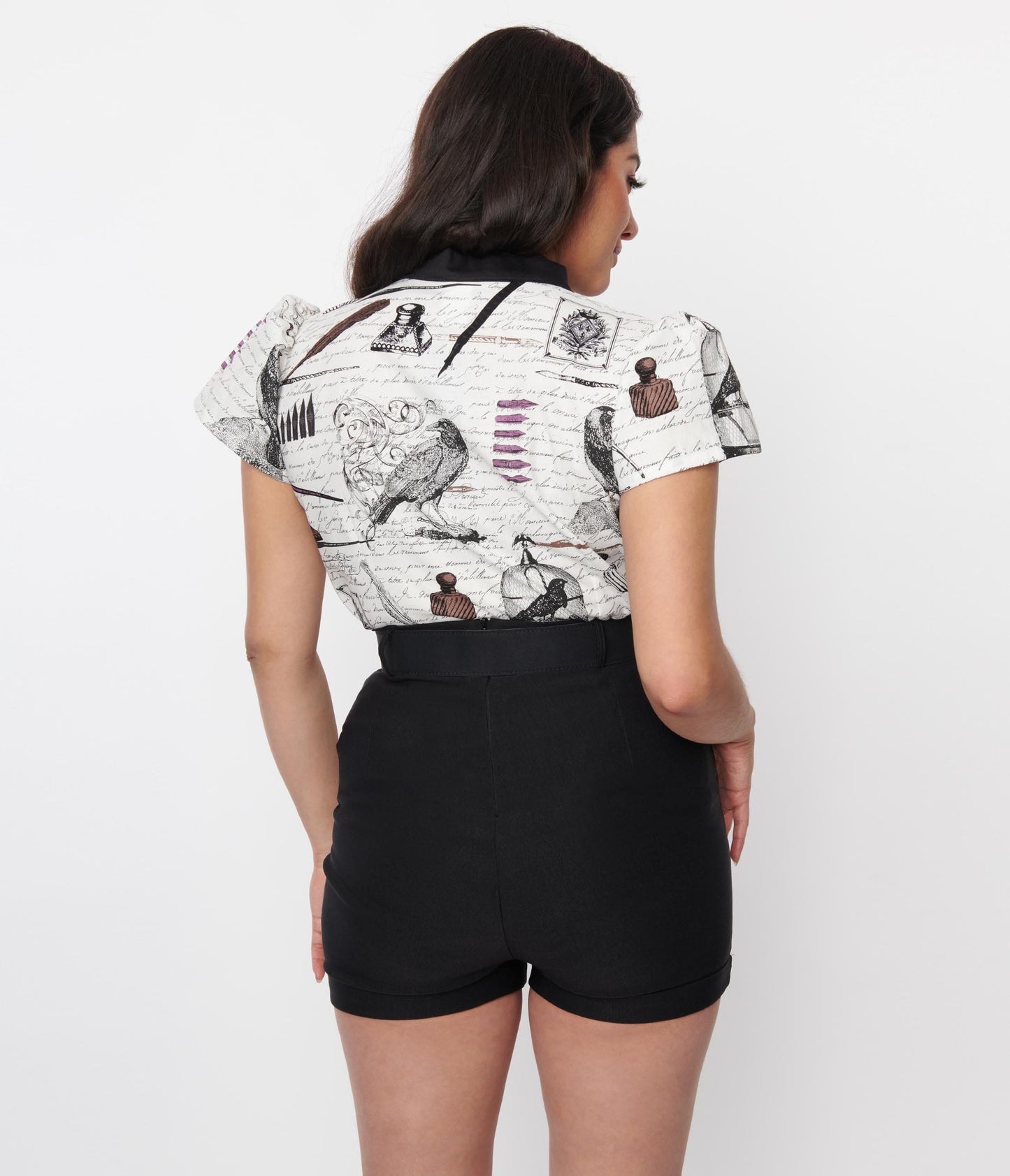 White Gothic Poet Script Tie Neck Top