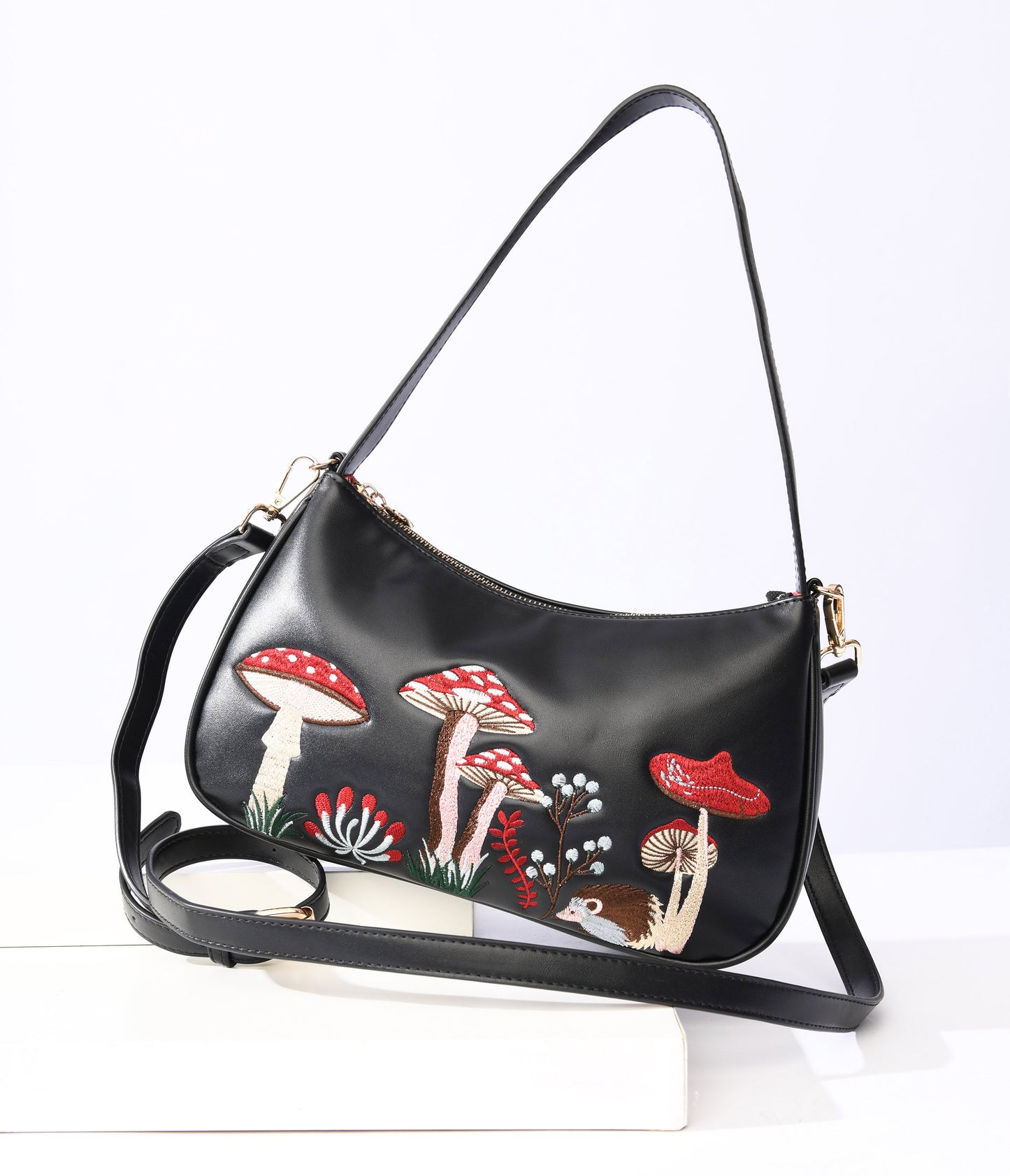 Black Mushroom Embroidered Leatherette Baguette Handbag