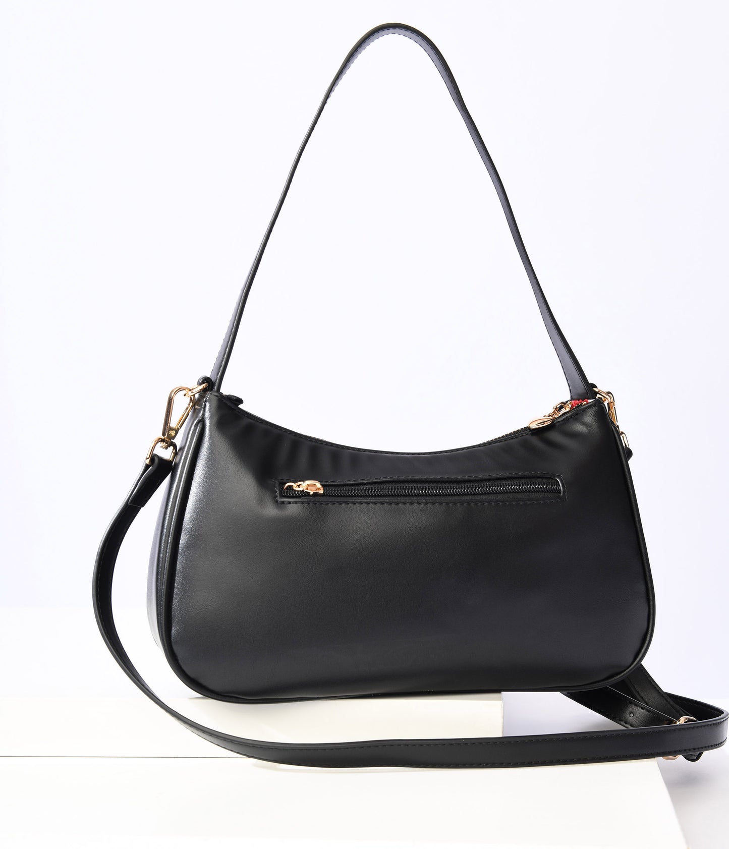 Black Mushroom Embroidered Leatherette Baguette Handbag
