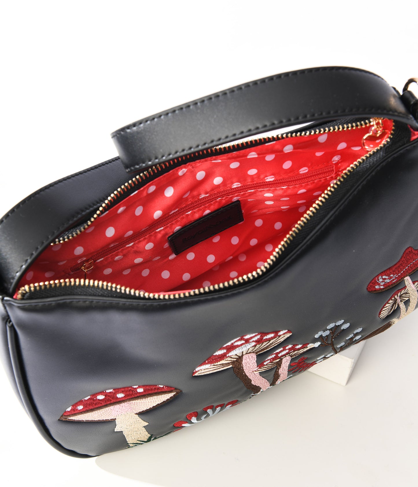 Black Mushroom Embroidered Leatherette Baguette Handbag