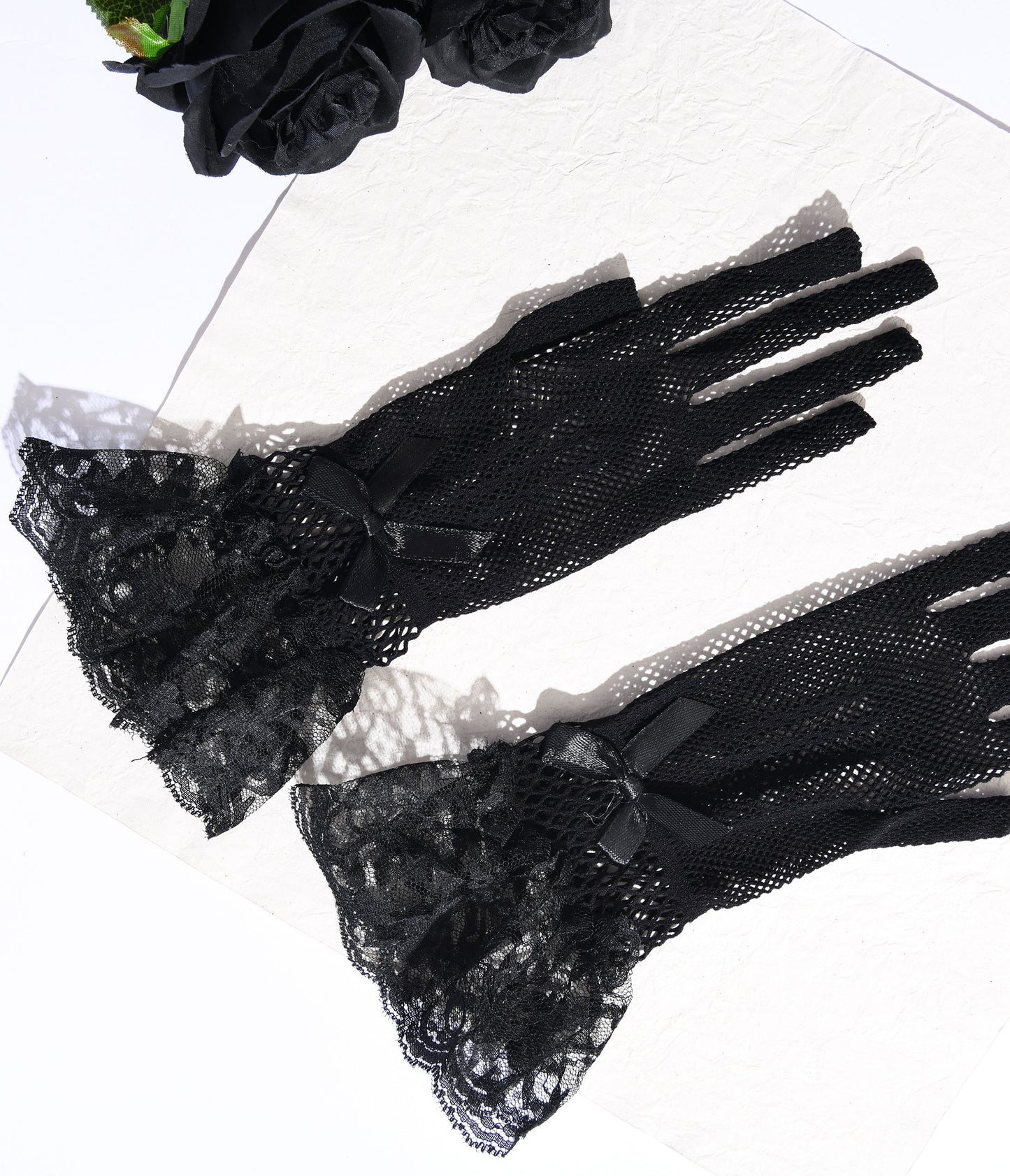 Black Fishnet & Lace Trim Gloves