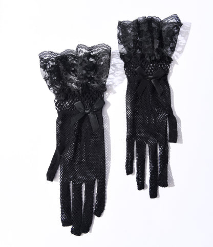 Black Fishnet & Lace Trim Gloves
