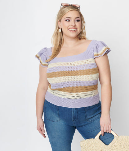 Lavender & Mocha Cream Striped Crochet Top