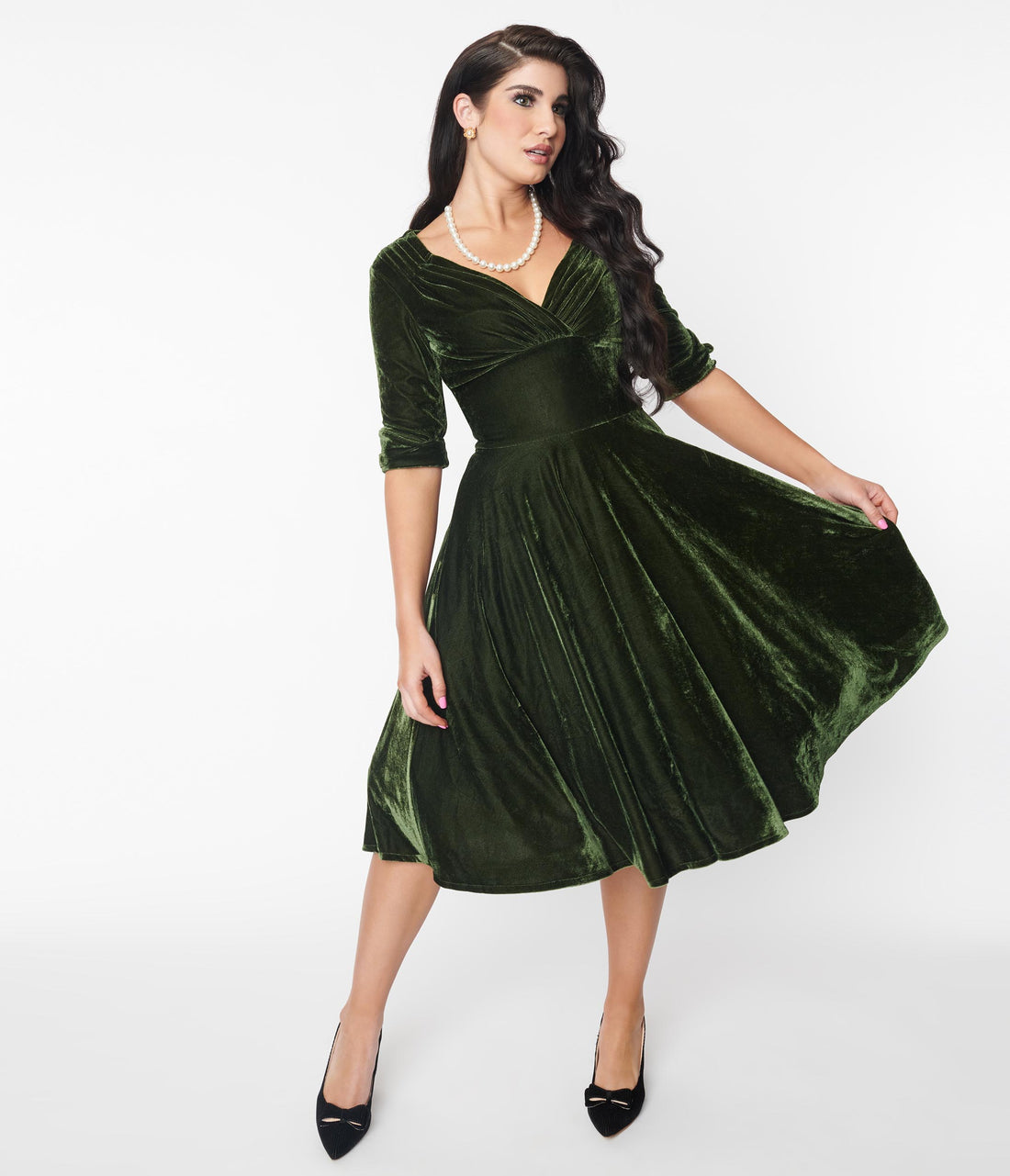 Unique Vintage Olive Green Velvet Delores Swing Dress