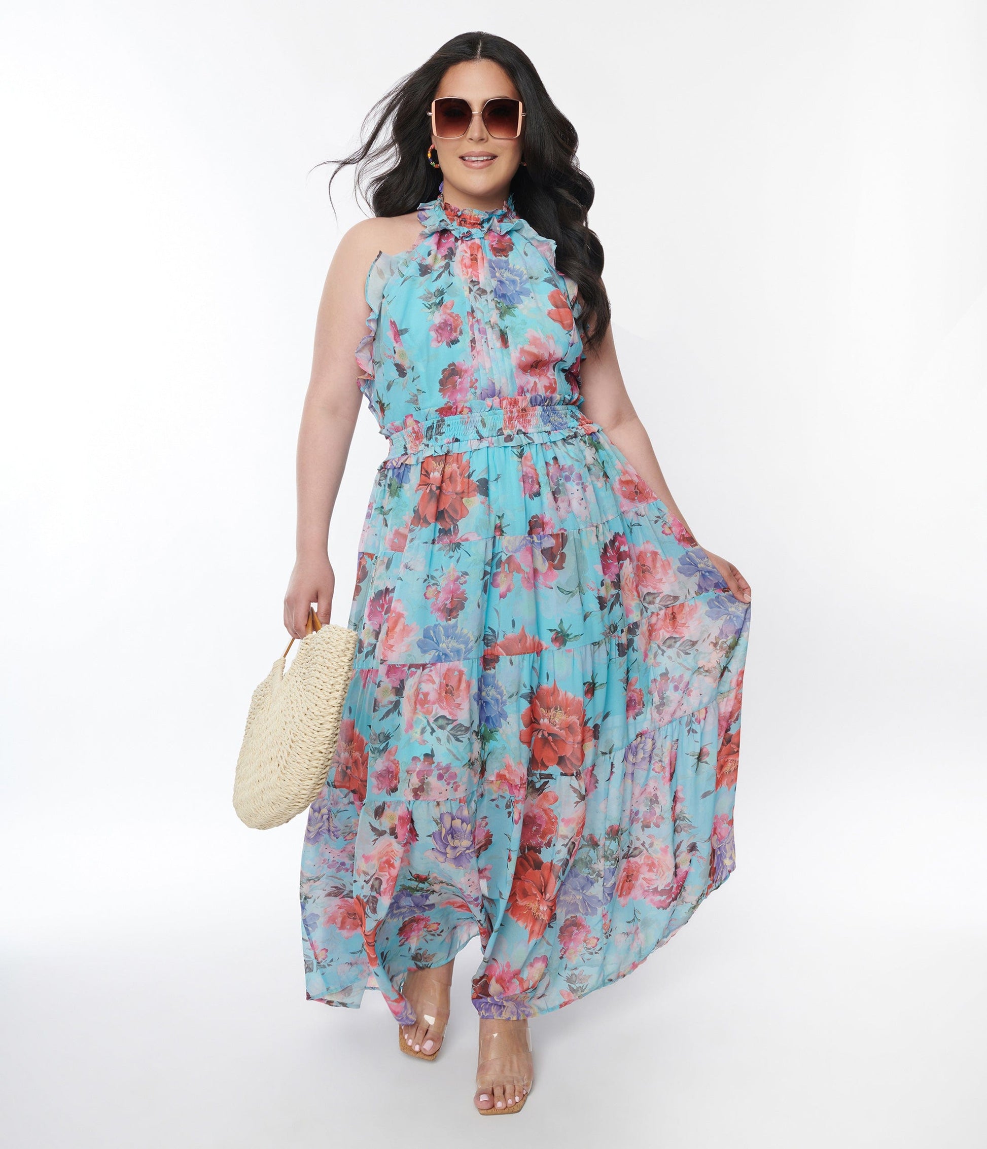 Plus Size Sky Blue Floral Ruffled Halter Maxi Dress